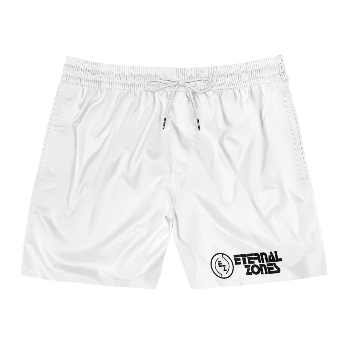 Stylish white sports shorts featuring a sleek black Eternal Zones logo, ideal for workout sessions.