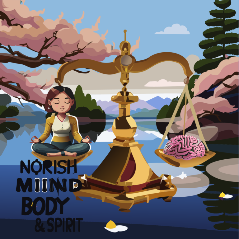 A serene lakeside view at sunset with the text "Nourish Mind, Body, & Spirit".